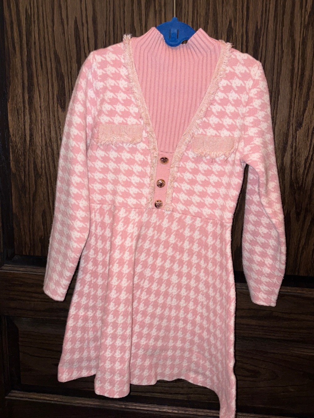 Girls Pink Houndstooth Knit Dress with Ribbed Mock Neck